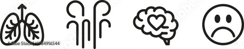 Four distinct line icons representing lungs, breath, brain, and sadness.