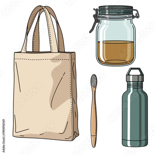 Eco friendly collection featuring textile shopping bag airtight glass storage jar biodegradable bamboo toothbrush and insulated metal drink container set.