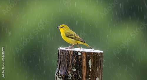 A vibrant yellow bird perches on a weathered tree stump in falling rain