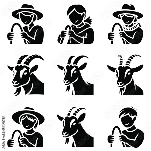 Black and white vector illustrations of goat herders and goats