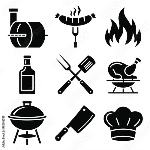 Black and white icons of various barbecue tools and foods