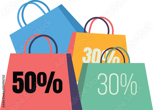 Four colorful shopping bags with discount percentages displayed for gift bag and retail therapy
