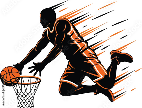 Silhouette basketball player jumps to dunk ball into hoop with dynamic motion lines against checkered background.