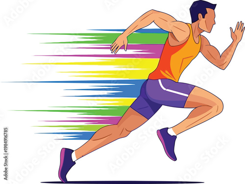 Male runner sprinting forward with colorful motion streaks representing speed and energy on checkered background.