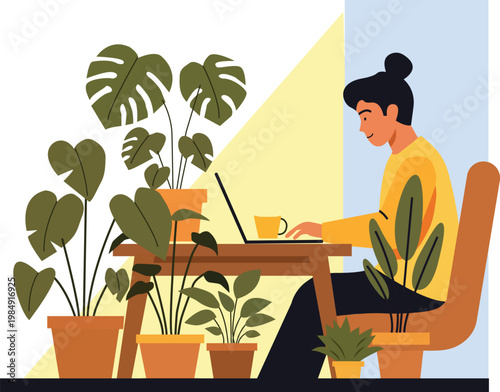 Person working on laptop at desk with plants for flat design and houseplants