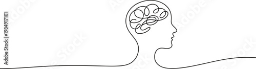 A human head profile with a brain drawn in a continuous line style.