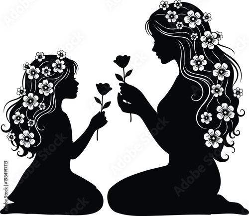 Mother and daughter silhouettes vector illustration giving flowers.