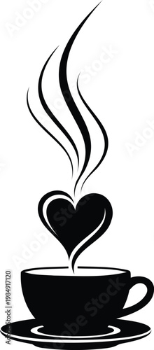 Hot coffee cup with heart steam vector illustration, warm drink symbol.
