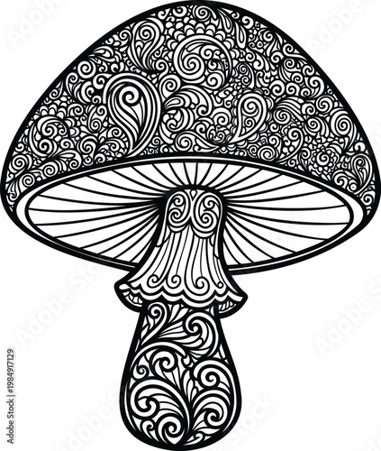 Mushroom silhouette with intricate floral mandala patterns vector illustration coloring art.