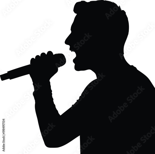 Singer man performing on stage vector illustration, male vocalist silhouette singing.