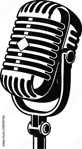 Vintage microphone vector illustration for podcast recording studio music icon emblem design.
