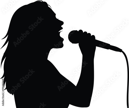 Woman singing vector illustration, female vocalist performing with microphone silhouette.