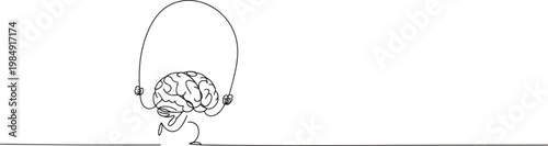 A human brain is playfully skipping rope in a continuous line style.