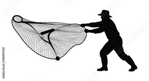 Silhouette of a fisherman holding a large dip net outdoors