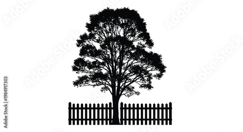 Silhouette of a tree and picket fence against a white background