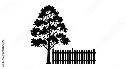 Silhouetted tree and picket fence against a white background