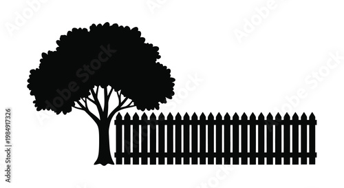 Simple black silhouette of a tree and a picket fence landscape