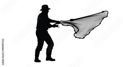 Silhouette of a fisherman holding a large dip net against a white background