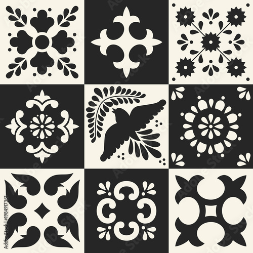 Set of traditional mexican talavera tile patterns. Ceramic art from Puebla. 
