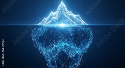 A digital rendering of an iceberg, the visible portion and hidden depths, in blue light