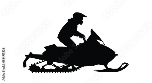 Silhouette of a snowmobiler riding across a white background