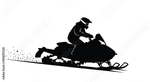 Silhouette of a snowmobiler in motion against a white background