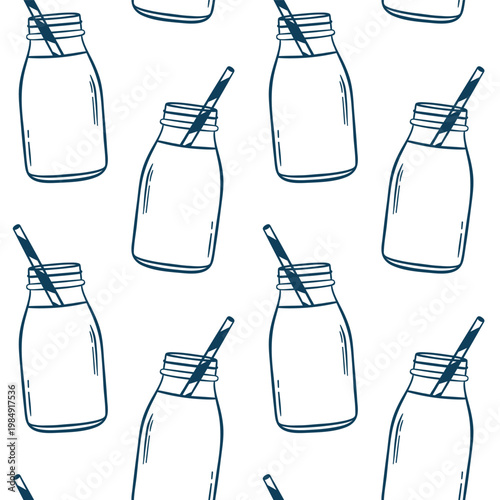 Doodle style seamless pattern with milk bottles and Mediterranean blue outlines. Clean hand-drawn vector repeat for organic dairy branding