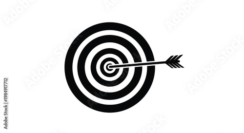 A black and white illustration of a dartboard with an arrow in the bullseye