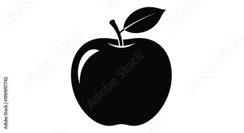 Simple black silhouette of a red apple with a leaf