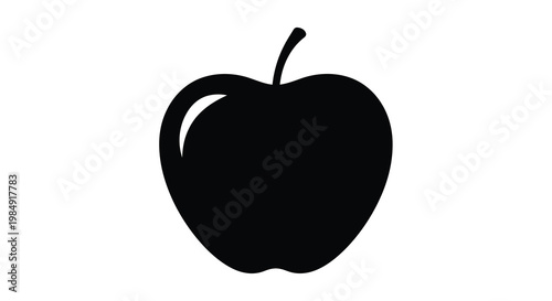 Simple black silhouette of a single ripe apple with a stem and leaf