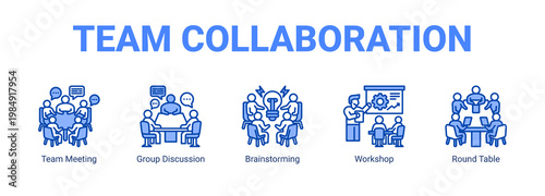 Team Collaboration web banner icon concept, with Team Meeting, Group Discussion, Brainstorming, Workshop.