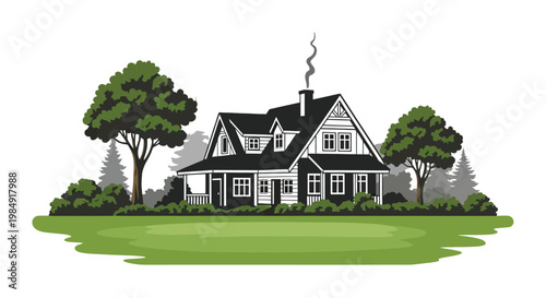 A charming black house with a green lawn and surrounding trees