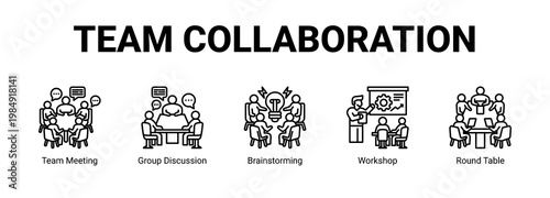 Team Collaboration web banner icon concept, with Team Meeting, Group Discussion, Brainstorming, Workshop.