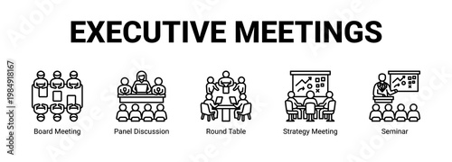 Executive Meetings web banner icon concept, with Board Meeting, Panel Discussion, Round Table, Strategy.