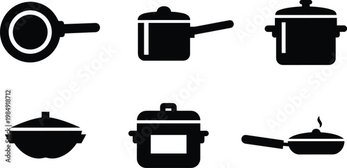 Cooking cookware silhouette vector icon set featuring frying pan saucepan stock pot casserole dish and lidded pan isolated on white background