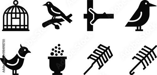 Bird care and garden tools silhouette vector icon set featuring bird cage perched birds feeder and rake isolated on white background