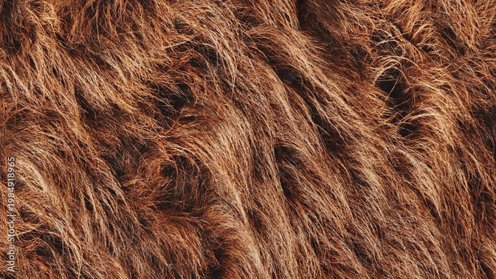 Naklejka premium Close-up view of rich brown animal fur texture. Natural, detailed surface with soft strands and warm tones. Ideal for design, backgrounds, or textile applications.