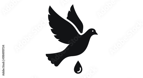 A silhouette of a dove in flight with a single water droplet below