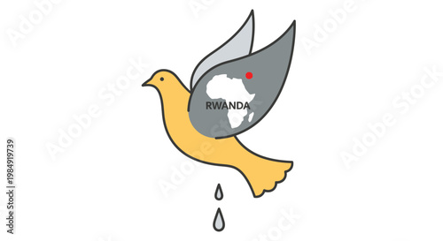 A yellow dove carrying a map of africa with rwanda highlighted in red