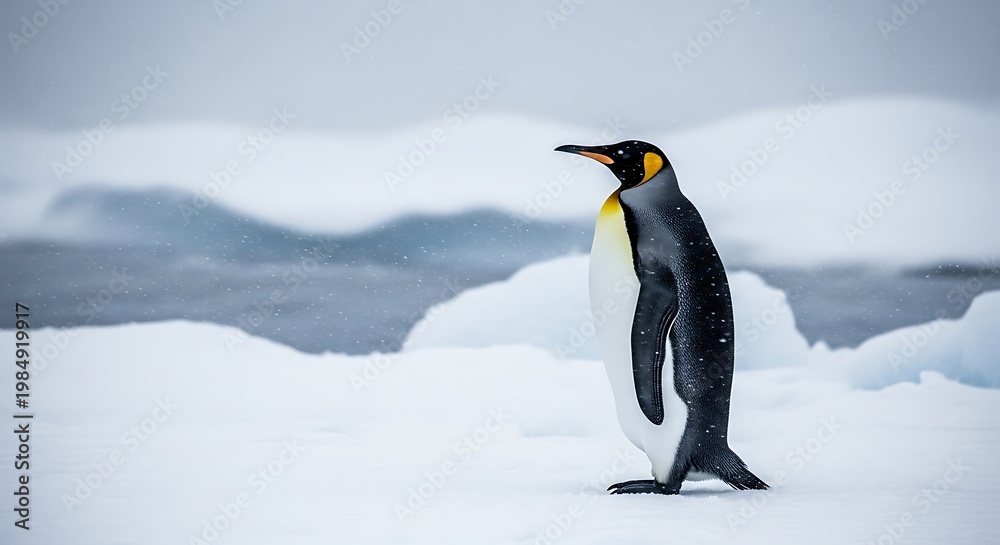 Obraz premium A regal penguin stands proudly on an icy landscape, facing left. The scene is snowy