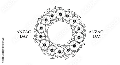ANZAC Day wreath, floral emblem, black and white vector, commemorative illustration, Australia New Zealand military