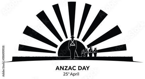 ANZAC Day, Australian New Zealand Army Corps, 25th April, black silhouette vector icon