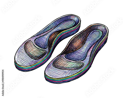 Colorful contoured shoe insoles with layered design and textured surface