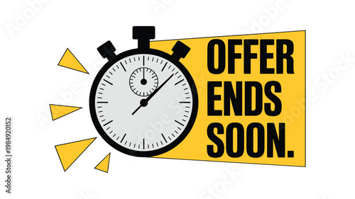 Yellow clock with black hands and numbers on white background yellow triangles and black text offer ends soon