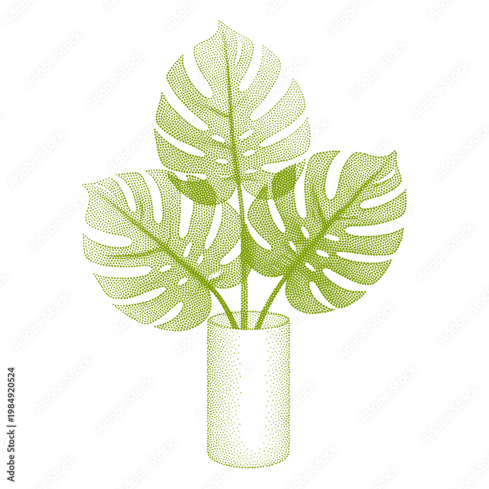 Obraz premium Monstera Deliciosa Plant Leaves in Vase Illustration in Green Retro Stipple Art Style