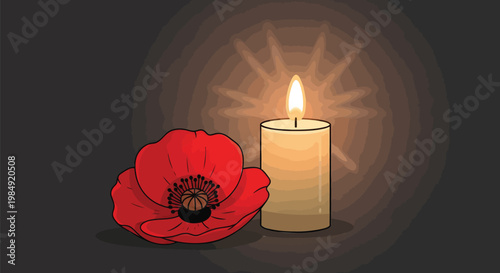 Memorial candle, red poppy flower, remembrance symbol, grief icon, vector illustration
