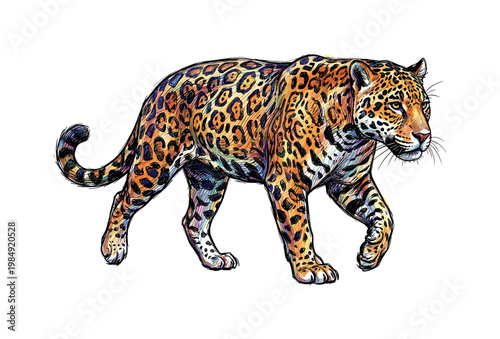 Vibrant jaguar with colorful spots walks gracefully across a white background