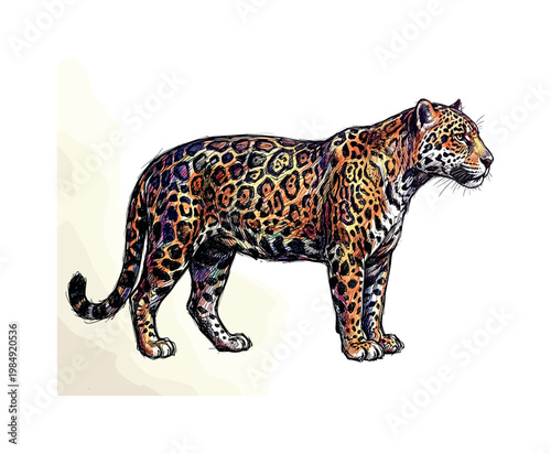 Vibrant jaguar illustration with colorful, abstract spots and detailed linework