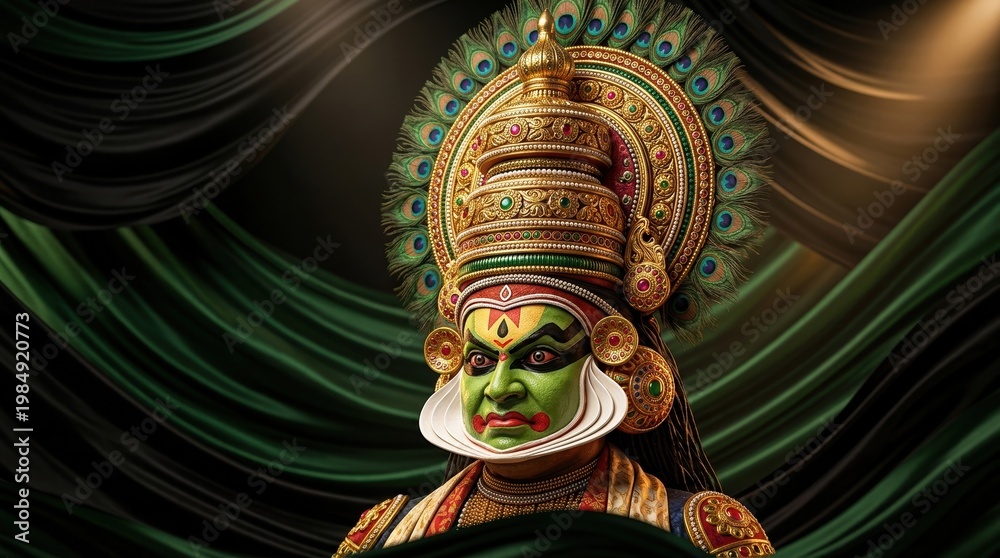 Naklejka premium Kathakali mask with traditional makeup and headgear on theatrical black and green wavy background. Cultural 3D illustration,