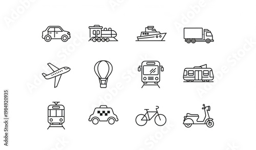 Public transport line icons set with car train plane boat truck editable stroke vector for UI UX